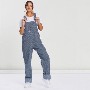 New Dickies Hickory Stripe Relaxed Fit Bib Morning Glory Patch Overalls